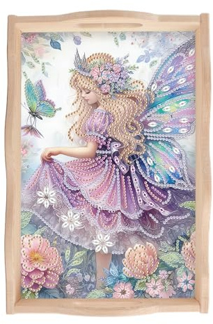 SHEGZHUC Diamond Painting - Bandeja para servir con asas (20 x 30 cm), diseño de elfos, hadas, ángeles, color lila, 20 x 30 cm, bandeja de madera, rectangular, bandeja decorativa, bandeja de cocina