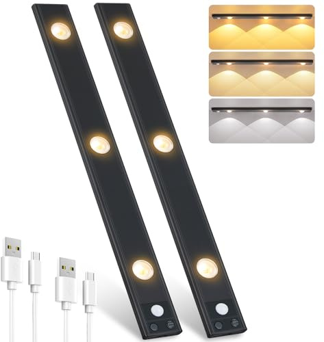 Pak Under Cabinet Lights, Rechargeable Motion Sensor Light Indoor, Wireless and 3-Color Dimmable with Cat’s Eye Hill Effect, for Display Cabinets, Showcases, Wine Racks, 2 Pack, Black