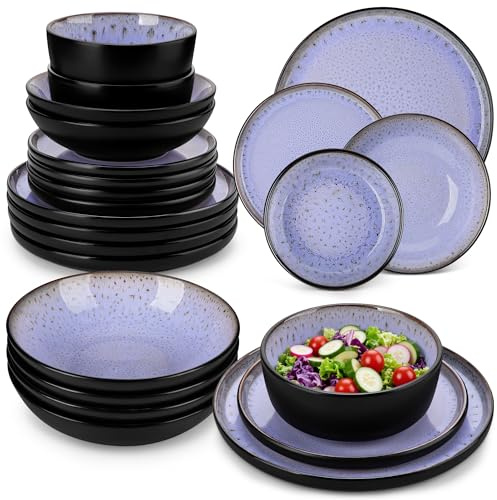 vancasso Amber 24 Pieces Dinner Set for 6, Reactive Glaze Stoneware Plates and Bowls Set, Purple Crockery Set with Dinner Plates, Dessert Plates, Soup Bowls & Cereal Bowls, Microwave & Dishwasher Safe