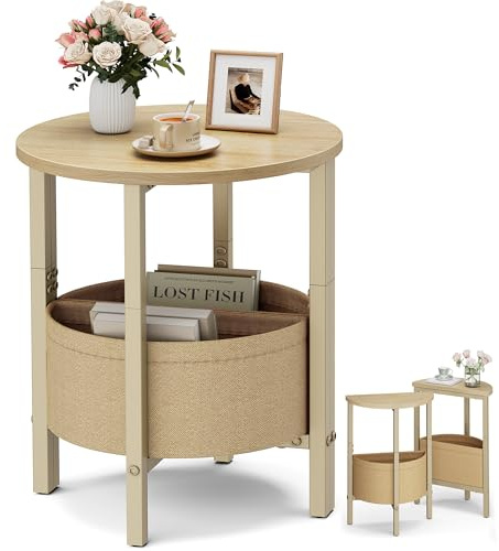 Vagusicc Small Round Side Table End Table, Tall Accent Table with Storage Basket, Set of 2 Half Round Tables Half Moon Tables, Coffee Bedside Tables, Modern Nightstand for Living Room Bedroom,Natural