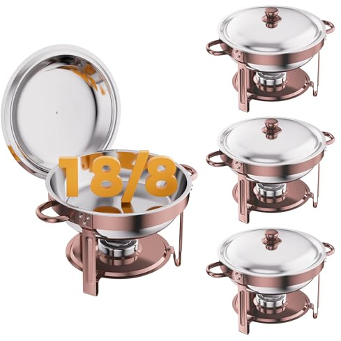 CAMMOO Rose Gold 4 Pack Chafing Dishes for Buffet, 18/8 (304) Stainless Steel Food Pan with Lid, 6QT Round Chafing Dish Buffet Set Food Warmer, Food Warmers for Parties Buffet Catering Events Dinners