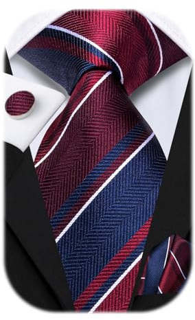 Hi-Tie Mens Wine Red and Blue Striped Extra Long Ties Silk Necktie and Pocket Square Cufflinks Set Men Big and Tall Tie Business
