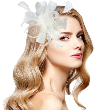GAZIL Fascinateur pour Femme, Pince et Serre-tête en Maille avec Plume et Fleur, Accessoire Élégant pour Mariages et Cocktails (Crème)