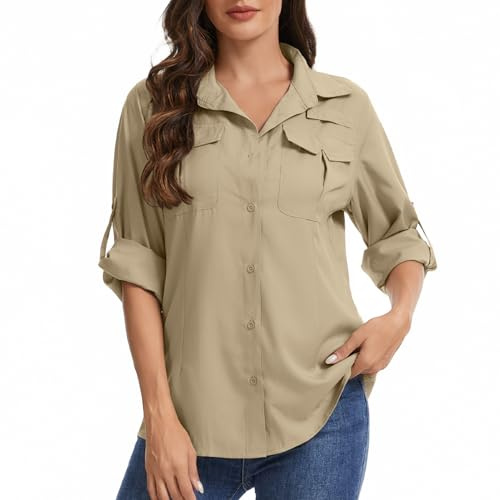 Women's UPF 50 Safari Shirt Long Sleeve, Quick Dry UV Sun Protection Shirt for Fishing, Hiking, Gardening(1002,Khaki-L)