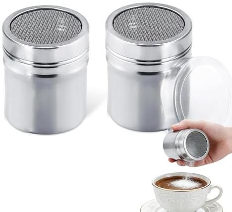 2 Pcs Icing Sugar Shaker, Powder Shaker for Chocolate Flour Cinnamon Seasoning, Portable Stainless Steel Chocolate Shakers for Cappuccino, Spice Shakers for Kitchen Restaurant,Camping, Travel