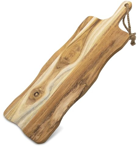 Teak serveringsfat naturligt, livsmedelssäkert – 58 x 20 cm – massivt trä serveringsbräda rektangulärt med handtag – trä köksbräda, korvplatta, osttallrik, dekoration, presentbricka, bordsdekoration