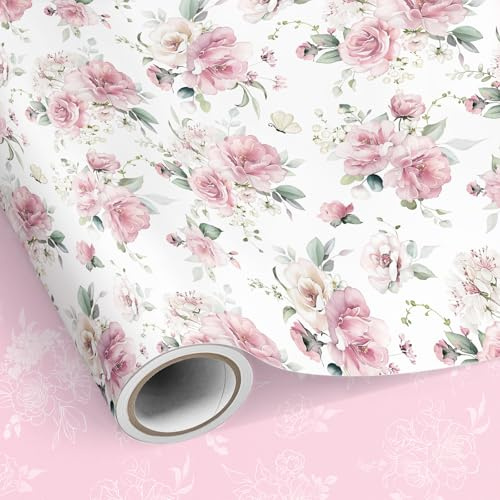 SHUCHING Papel de Regalo Flores Rosas para Mujeres - 43cm x 10m | Elegante Rollo Papel Regalo Reversible Rosa para Cumpleaños Adulto, Boda, Bridal Shower, San Valentin