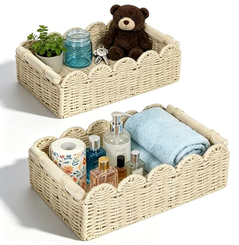 2 PCS Wicker Basket with Handle, Scallop Edge Bathroom Storage Basket Rattan Woven Shelf Baskets for Shelves Kitchen Pantry Countertop Home Decor