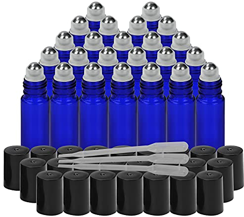 BELLE VOUS Kobaltblau Roll On Glasflaschen für Ätherisches Öl mit Tropfer (24er Packung) - 10 ml Glasflaschen zum Befüllen Set mit Edelstahl-Rollkugeln für Aromatherapie, Öle & Deoroller zum Befüllen