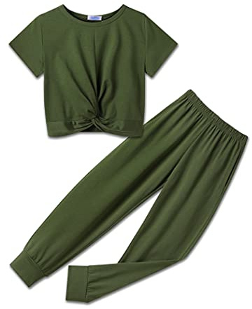 Arshiner Cute Outfits for Girls 2 Pieces Tracksuits Jogger Suits Sweatsuits Set Army Green 12-13 Years Old