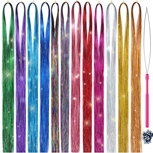Hair Tinsel Kit Strands With Tool 47 Inch 12 Colors 2100 Strands Fairy Hair Tinsel Kit Hair Extensions Sparkling Glitter Shiny Silk Tinsel (12 colors)