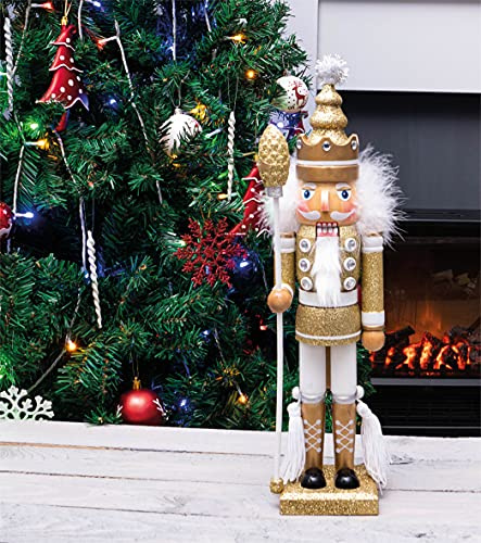 St Helens Home & Garden Nutcracker with Staff Christmas Decoration 40cm Height - Wonderfully Festive with Vibrant Colour Detail