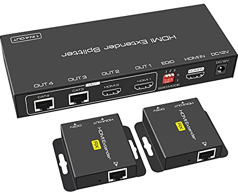 VEDINDUST HDMI Splitter Extender 1 in 2 out 50m 165ft Over Cat5e 6 7 Ethernet Transmisor Receptor Compatible con EDID Presets 1080p POC Solo Necesita alimentación TX para Trabajar