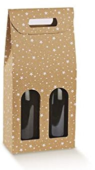 10 scatole per 2 bottiglie vino verticali modello bordolese, borgognotta robuste strenne natalizie cartone accoppiato e maniglia esterna avana con stelle cm.18x9x38,5h - GALAXY