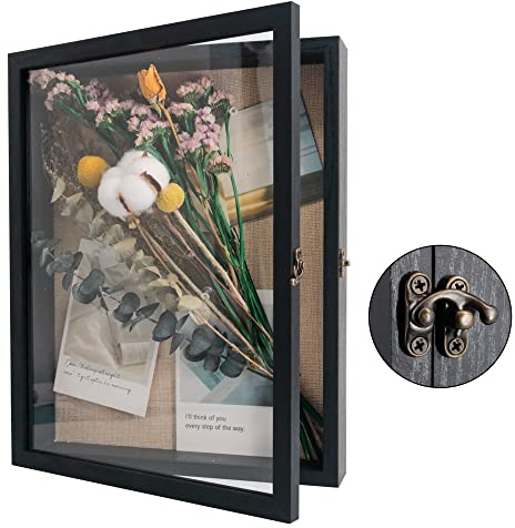 GraduatePro Shadow Box Frame 11x14 Display Case with Linen Back, Real Glass Window Door with Hinge, Picture Frame Wedding Bouquet Memorabilia Medals Photos Memory Box for Keepsakes, Rustic Black