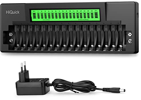 HiQuick Akku Ladegerät, AA AAA 9V Ladegerät für Mignon AA, Micro AAA NI-MH wiederaufladbar Batterien, 18-Ladeplatz mit LED Anzeige und AC-NetzKabel