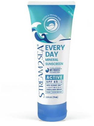 SPF 45 Every Day Active Mineral Sunscreen | 75 ml Biodegradable & Reef Safe Sunscreen for Face & Body | Non-Greasy, Lightweight & Sheer Mineral Protection Against UVA & UVB by Stream2Sea