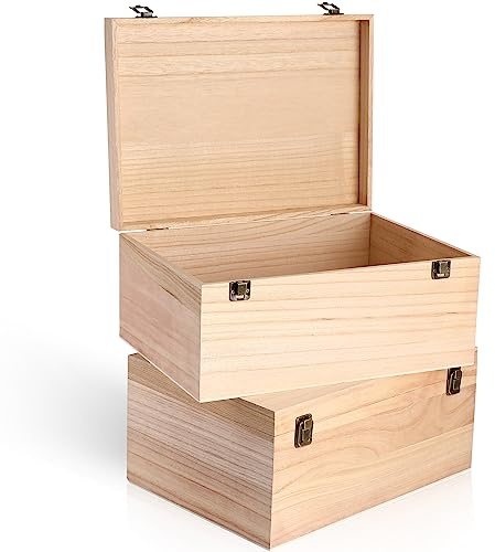 Wesiti 2 Pcs Unfinished Wooden Box 14 x 10 x 6.5 Inch Treasure Chest Craft Box with Hinged Lid Rustic Large Paint Box Stash Crate for Storage Carving DIY Gift