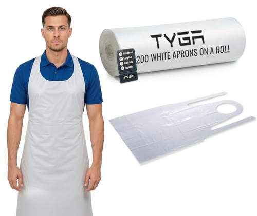 TYGA Store | 200 Disposable White Aprons on a Roll - Easy Dispense Apron for Medical, Cleaning, Painting, Hairdressers, Baking & Chefs - PPE (White) (Roll of 200) (1)