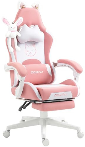 Dowinx Gamingstol – söt kattutgåva – ergonomisk datorstol med högt ryggstöd och ländryggsstöd, PU-läder, fotstöd, rosa