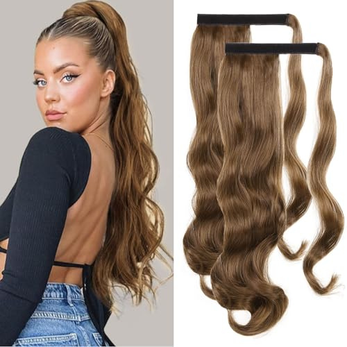 Fulang Hair 2PCS Postiche Queue de Cheval Queue de Cheval Extension Naturel Ponytail Cheveux Naturel 61cm Curly Synthétique Extension de Cheveux pour Femmes Fille Rajout Cheveux(12#)