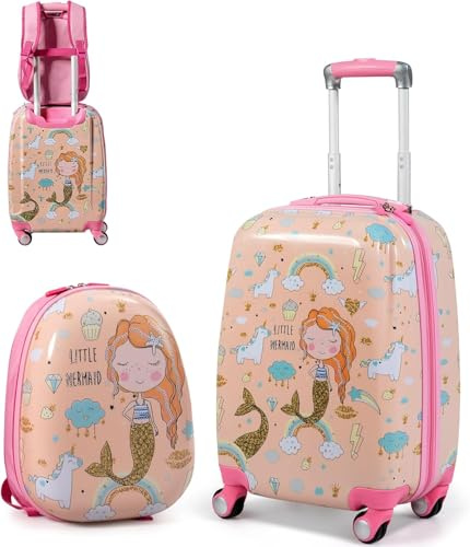 SOARS Set di Valigia 18’’ + Zaino 12’’ per Bambini 2 Pezzi, Bagagli 2-in-1 con Zainetto da Viaggio Aereo, Trolley con Maniglia Telescopica e 4 Ruote a 360° (Rosa Sirena)