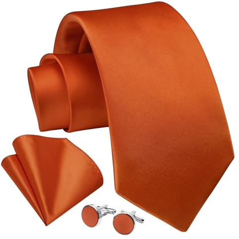 Enlision Cravate Homme Orange Mariage Ensemble de Cravate et Pochette et Boutons de Manchette Set Couleur Unie Mouchoir Travail Fete