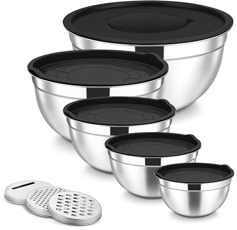 Onader Mixing Bowls Set of 5, Stainless Steel Metal Salad Bowl with Airtight Lids & 3 Graters, Perfect for Baking, Cooking, Prepping Serving, Easy Clean - 0.7/1.2/1.6/2.8/4.6QT (Black)