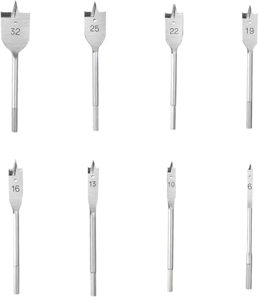 8 Pièces Mèche à Bois Plate, Mèches Plates en Acier au Carbone,Ø6-32 mm Professional Mèches Plates, Accessoire Perceuse à Percussion pour Bois Résineux,Panneau Aggloméré, Contreplaqué,Plastique Coupes