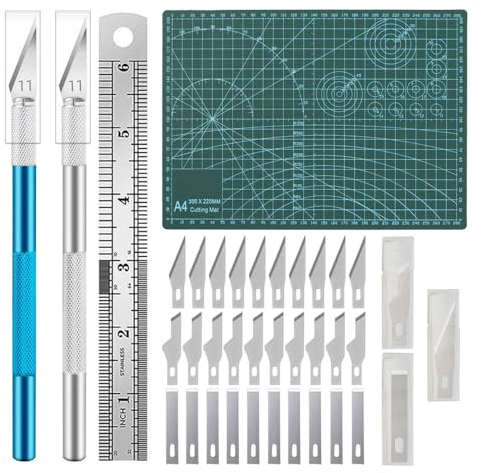 Bastelunterlage Schneidematte Set - Schneidematte a4 mit 40stk Bastelmesser und Stahllineal, Schneideunterlage Cutting Mat für Basteln, Papierschneiden, Zeichnen, Gravieren, Nähen (30x22cm)