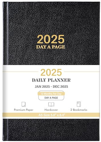 Daglig planerare 2025 - Daglig planerare en sida per dag, jan 2025 - dec 2025, sida en dagskalender, 14,7 cm x 21,3 cm, agenda för 365 dagar - läderinbunden