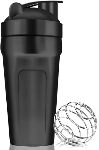 ROCKY&CHAO Shaker - Batido de proteínas (900 ml, acero inoxidable, vaso con bola, para proteínas, dieta y fitness, incluye tapa, negro)