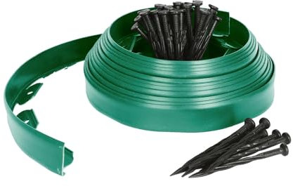 Harbour Housewares 10m Flexible Lawn Edging with 40 Pegs - Green - Plastic Garden Edging Grass Border Flower Bed Stone Path Edge Height 4cm Patio Landscaping Divider Palisade