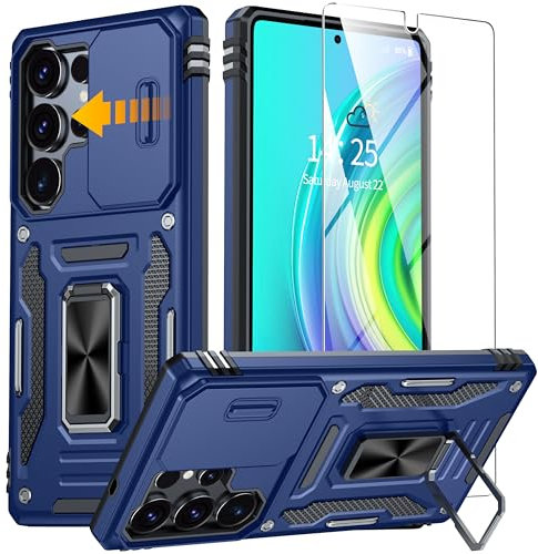 GOLDJU for Samsung Galaxy S25 Ultra Case,Built-in Slide Camera Cover & Screen Protector & Rotatable Kickstand Ring, Military Shockproof Protective Case for Samsung S25 Ultra - Blue