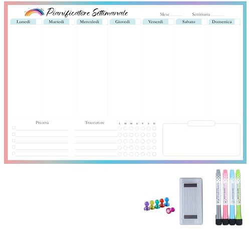 AMO HERMOSO Lavagna Calendario Magnetico Frigo A3 – Planner Settimanale per Famiglia, Kit Completo con 4 Pennarelli Cancellabili, Gomma e 6 Magneti – Ideale per Lista Spesa, Menu e Appunti