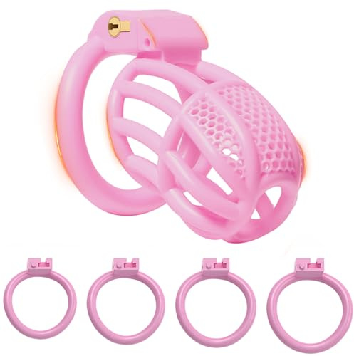 BDSMYEE chastity cage pene gabbia castità per uomo, Gabbie per Pene con 4 cockrings, Gabbia di castità uomo, cock cage per Prevenire L'erezione (Rosa, L)