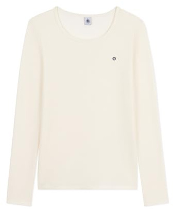 Petit Bateau Camiseta Mujer de Lana y Algodón Manga Larga, Crudo, XL