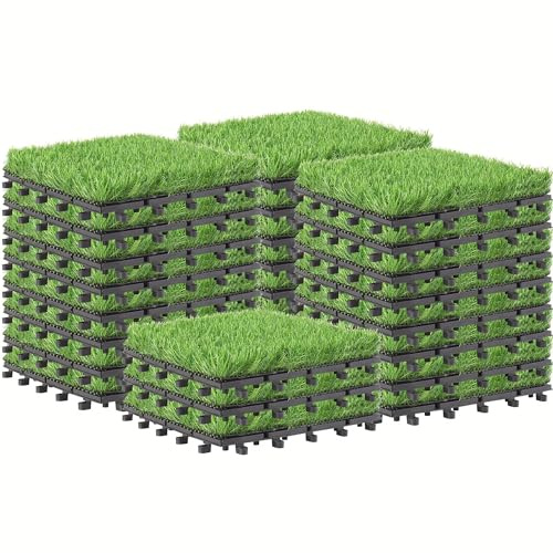 SUPEASY Kakel Konstgräs Interlocking Grass Deck Set 27 Pack, 12 tum x 12 tum Syntetiskt Falskt Gräs Självritningsmatta Golvdekor för Hund Husdjur Inomhus Utomhus