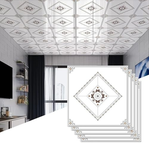 Panel Decorativo Pared y Techos Azulejos de Techo Suspendido Despegables y Pegables, Pegatinas de Imitación de Azulejo para Techo Moderno, Paneles Decorativos de Pared Interior de PVC Lavables(60pcs)