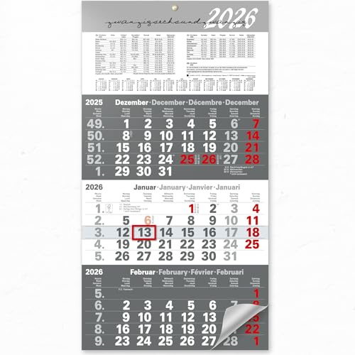 3-Monatskalender 2026 Wandkalender mit Schieber – Kalender 2026 Modern Grey mit Jahresübersicht, Feiertagen & Schulferien DE&AT, Bürokalender zur Wandmontage im Großformat 56x30 cm