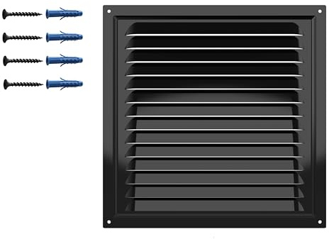Grille de Ventilation Noire Mate – Acier Galvanisé avec Filet de Protection – Revêtement Polymère RAL9005 – Anticorrosion Mur ou Plafond – Carrée 250 x 250 mm – Usage Intérieur Extérieur.