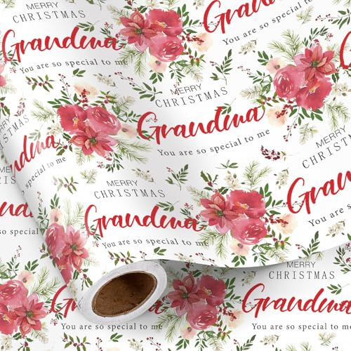 RUSPEPA Rollo De Papel De Regalo Navideño Para Abuela, Mini Rollo, Feliz Navidad Con Flores Y Hojas Rojas, Eres Tan Especial Para Mí, Papel De Regalo Para Abuela, Mujer, 43,2 Cm X 5 M