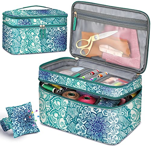 FINPAC Bolsa para Kit de Costura, Doble Capa Organizador de Accesorios de Costura, Costurero Grande para hilo, agujas, tijeras y otras herramientas de costura (Solo Bolsa) (Jade)