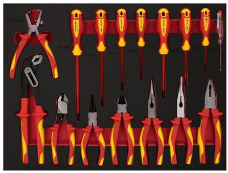 ATF Werkzeugeinlage bestückt 16-tlg – VDE & GS-geprüft Schraubendreher & isolierte Zangen Set – Elektriker Werkzeug mit Seitenschneider, Kombizange, Spannungsprüfer – 52x39 cm für Werkstattwagen