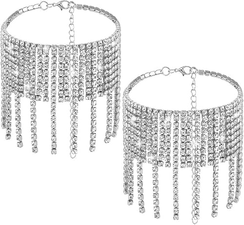 PH PandaHall 2pcs Silver Rhinestone Ankle Sparkly Tassel Anklet 25cm Glitter Crystal Anklets Bling Foot Chains Diamond Anklets Bracelets for Women High Heel Boots Jewellery Accessories Shoes Decor