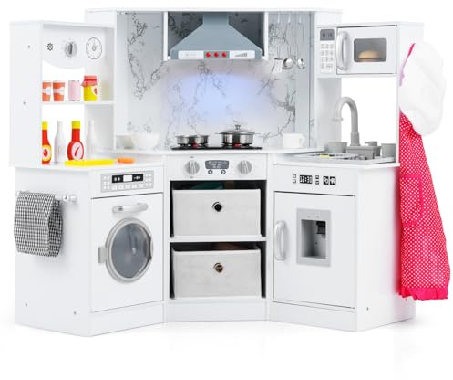 DREAMADE Cuisine Enfant avec Micro-Ondes, Cuisinière Électronique, Cuisine d'angle en Bois avec Effets Lumineux et Sonores, Accessoires Riches, Jouet Dinettes pour 3+ Ans (Blanc)