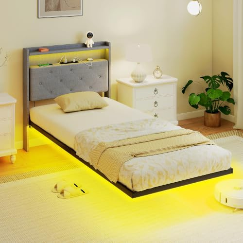 HOMCOM 3ft Single Bed Frame Floating Bed Frame with RGB LED Lights Grey | Music Sync, Charging Station, Upholstered Headboard, Storage Shelves, No Box Spring Needed, Noise Free