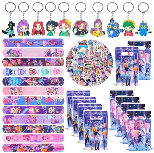 SolWonder 92 Pcs Bomboniere per Feste Demon Hunters Regalo di Compleanno, 12 Braccialetti a Scatto, 10 Sacchetti Regalo, 60 Adesivi, 10 Portachiavi, Hunters Decorazioni per Feste di Compleanno
