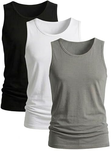 HAJRA® 3 Pack Men's Cotton Vests Tank Tops Sleeveless Undershirts Plain, Breathable, Slim Fit Summer Everyday Workout (UK, Alpha, XL, Regular, Regular, Black-White-Grey (Pack 3))