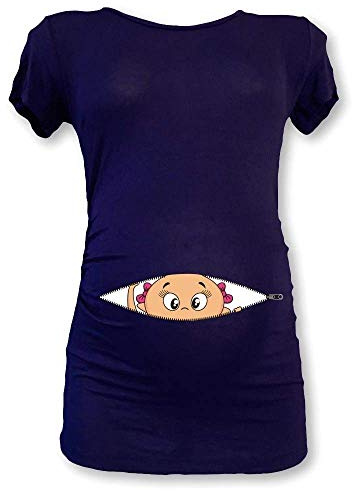 T Shirt Maglia Premaman Bimba Che Esce dalla Zip Blu XL Manica Corta